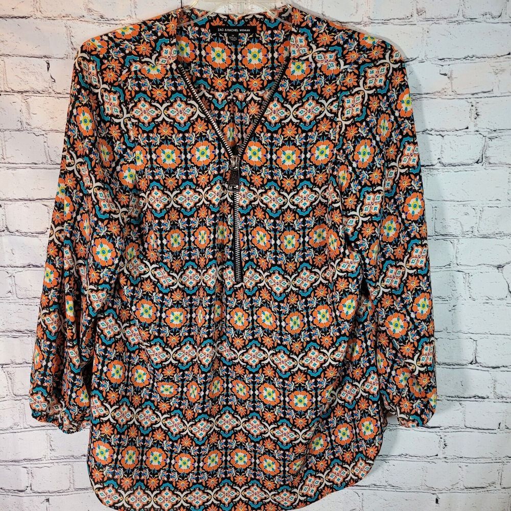 Zac & Rachel Blouse Womens 1X Orange Blue Floral Zip Neck 3/4 Sleeve Excellent
